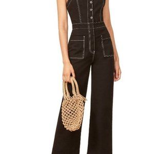 REFORMATION Black White Amory Contrast Stitching Wide Leg Jumpsuit
